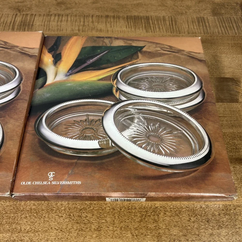 Olde Chelsea Silversmiths Silver plated Glass Coasters Set Of 8 Open Box - Read!